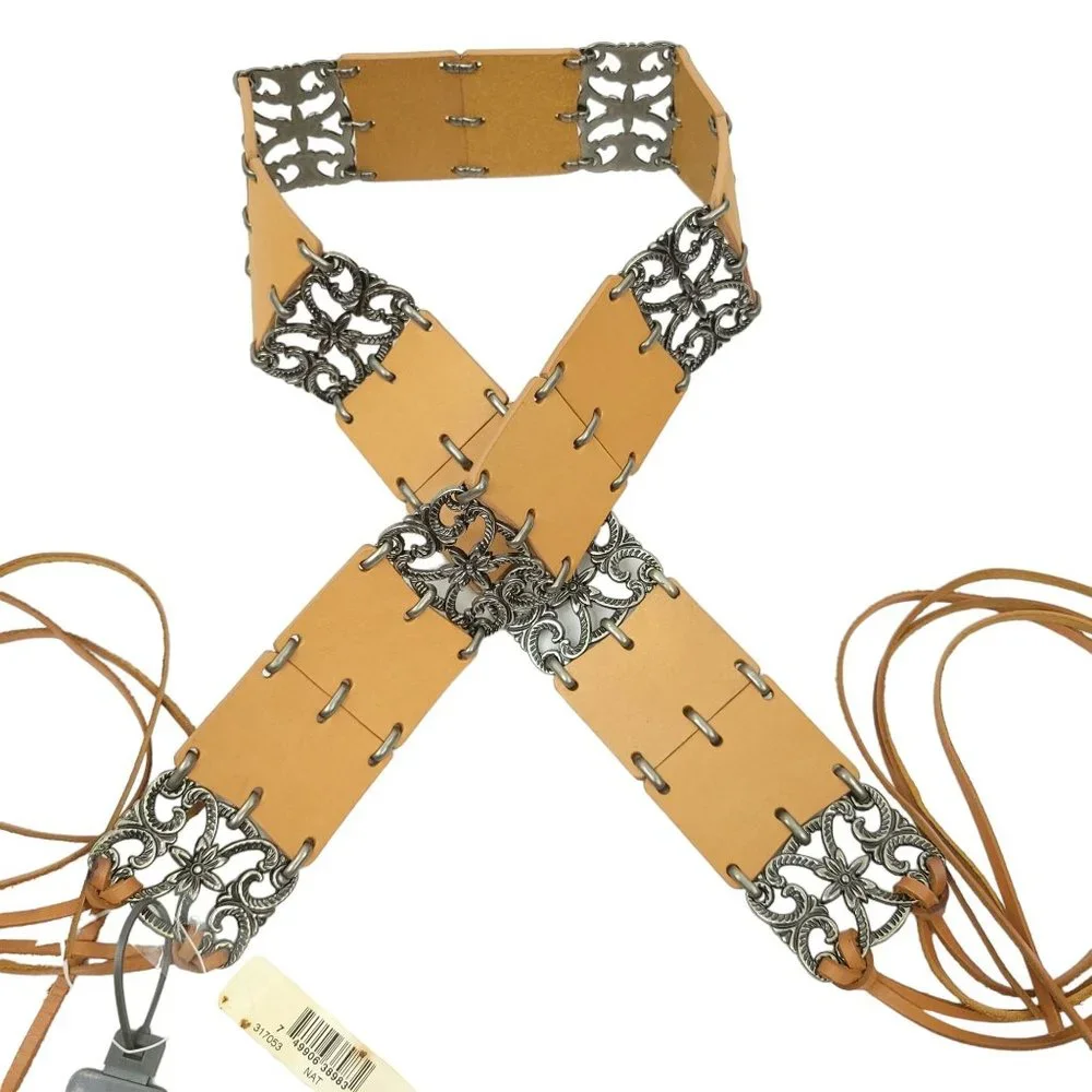 Nine West Brown Fringe Belt READ Metal Detail Vintage Size M/L Western Boho